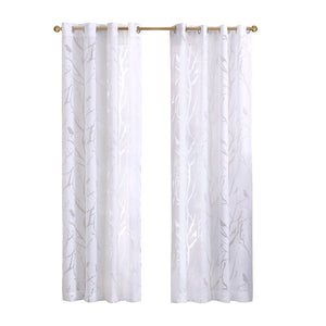 Sheer Bird on Branches Grommet Curtain Panel with Burnout Design - White