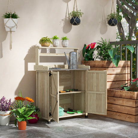 Outdoor-Wooden-Potting-Table-with-Storage-Cabinet-with-2-Shelves,--with-Galvanized-Plated-Tabletop,-Natural-Potting-Bench-&-Storage