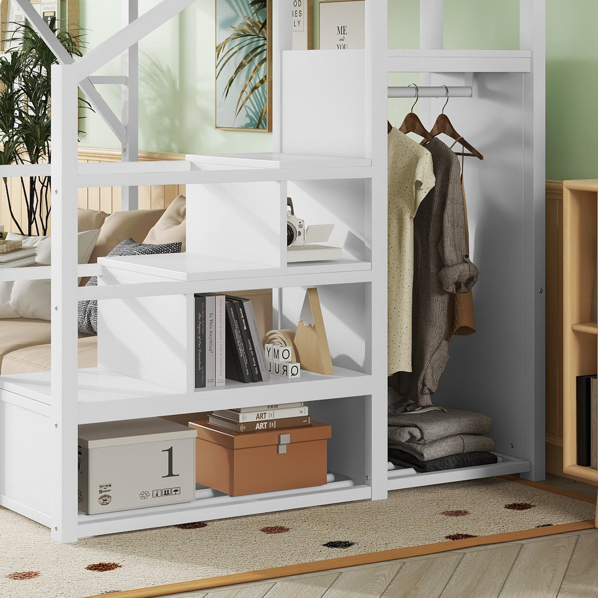 Queen Size Loft Bed with Stairs, Metal Queen Loft Bed with Storage Shelves