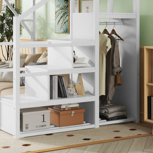 Queen Size Loft Bed with Stairs, Metal Queen Loft Bed with Storage Shelves