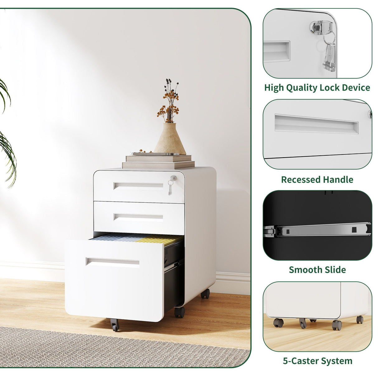 3-Drawer Mobile File Cabinet With Lock, On Casters, Holds A4/Letter Files