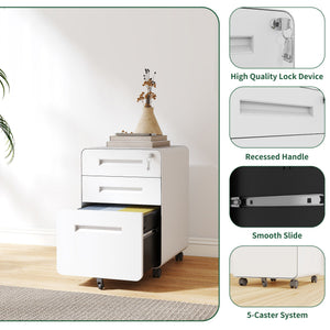3-Drawer Mobile File Cabinet With Lock, On Casters, Holds A4/Letter Files