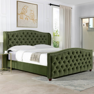 Marcella Upholstered Shelter Headboard Bed Set, King, Olive Green Performance Velvet