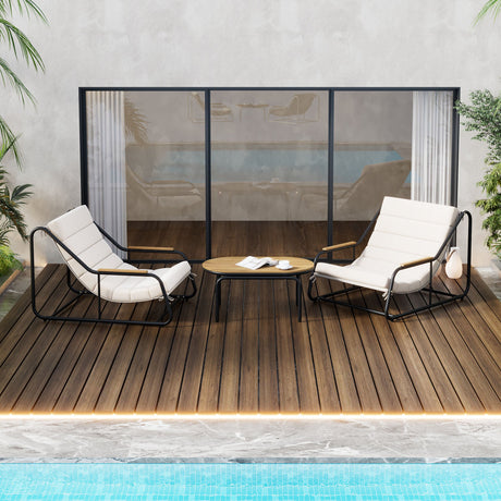 Three-Piece Outdoor Chaise Lounge & Acacia Table Ensemble