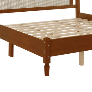 King Size Wooden Platform Bed with Rattan Headboard