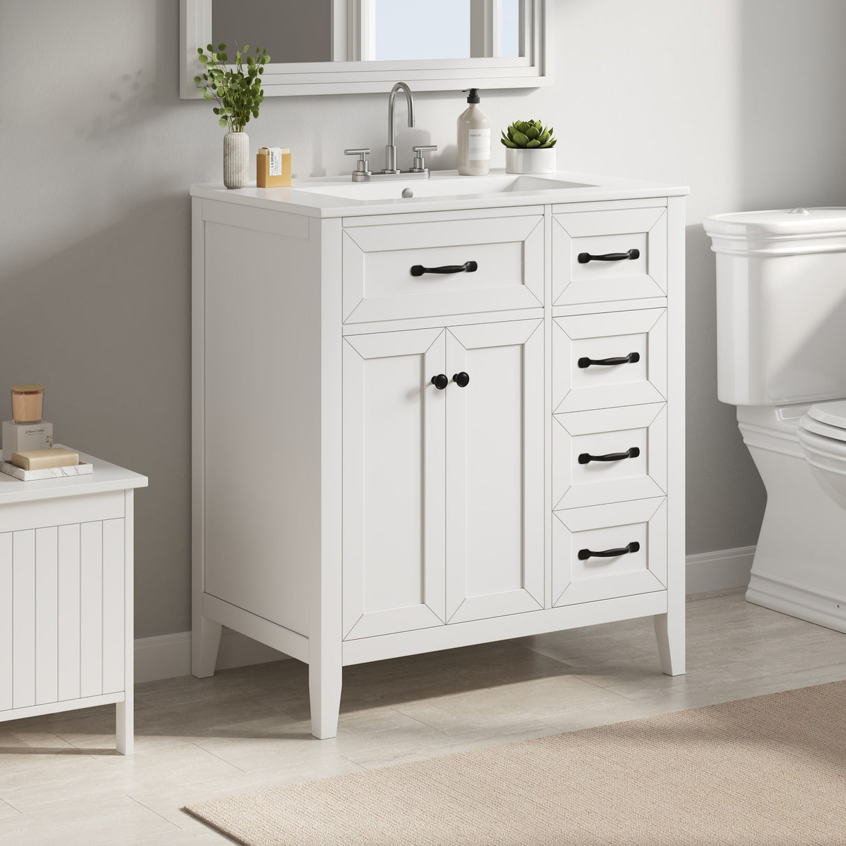 30" White Bathroom Vanity with Ceramic Sink
