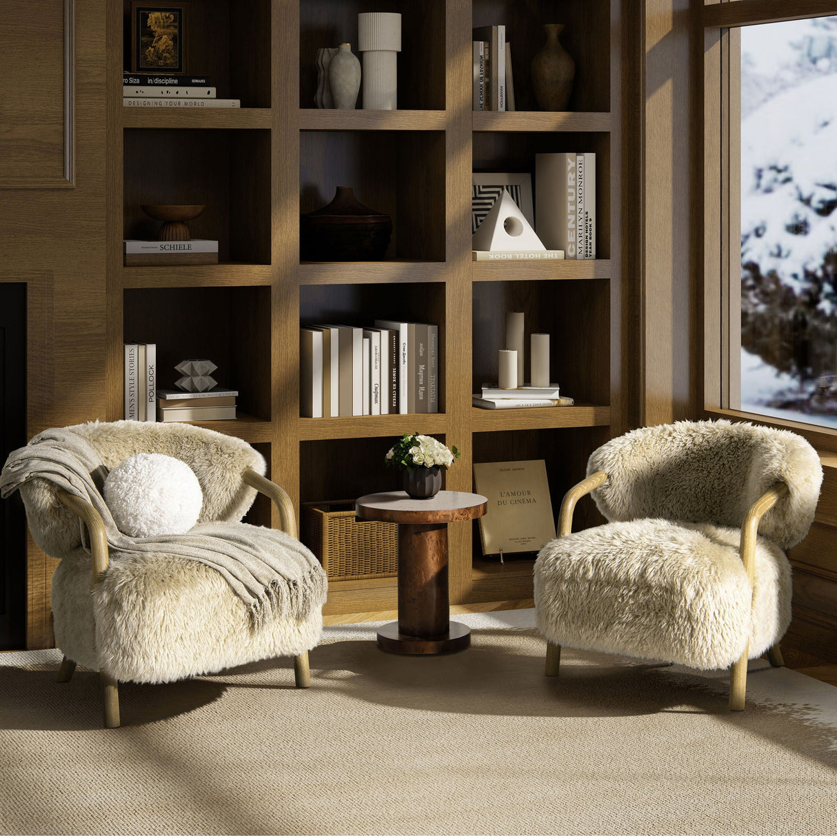 Becker Rustic Oak Sheepskin Upholstered Accent Arm Chair - Taupe Beige