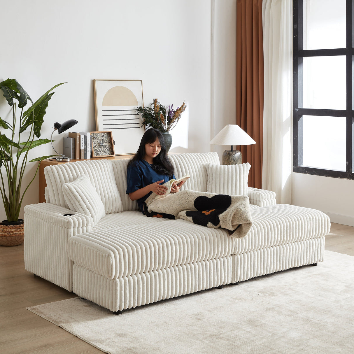 84-Inch Corduroy 3-Seater Sofa with Pillows and Ottomans