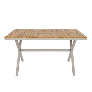 Outdoor 7-Piece Dining Set - Rectangular Teak Wood Table + 6 Wicker Chairs with Cushions