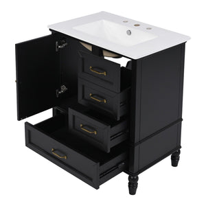 30" Bathroom Vanity With Sink, 3 Drawers, Adjustable Feet