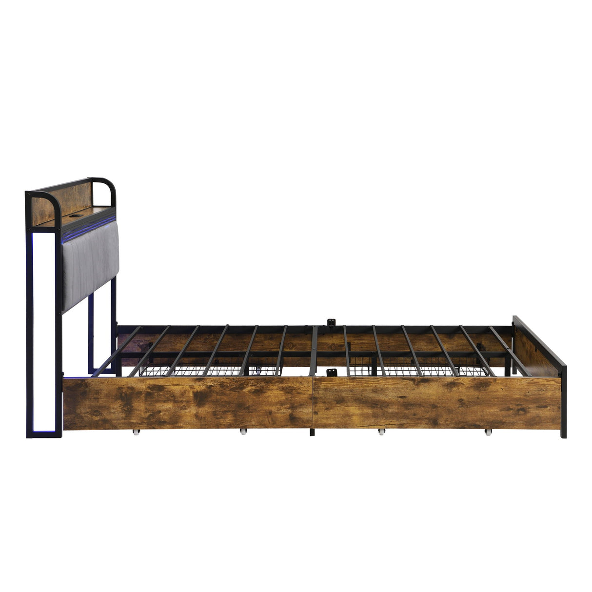Modern Bed Frame With LED Lights, Upholstered Headboard, USB Charging
