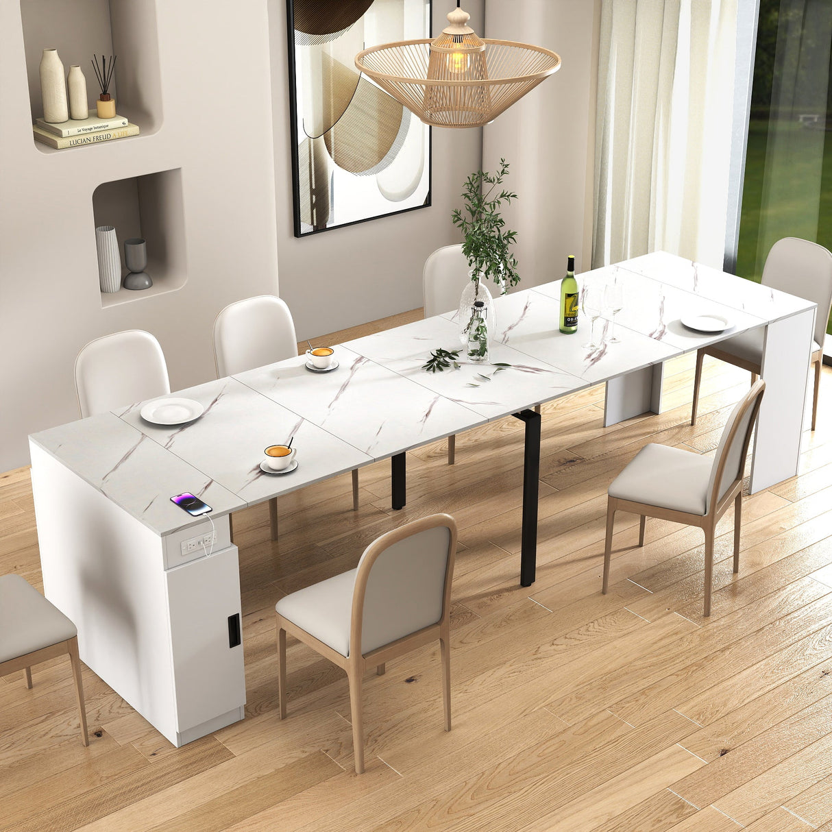 Modern Multifunctional Extendable Dining Table with Outlet