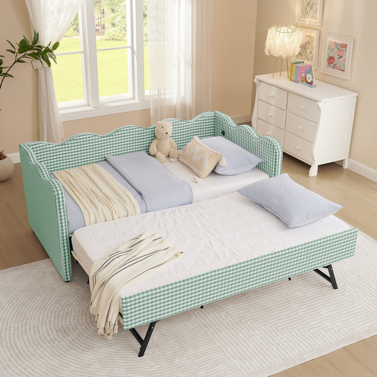 Cozy Gingham Daybed with Trundle Twin Size Sofa Bed No Box Spring Needed, with USB Port and Adorable Wave Shaped, Linen Fabric