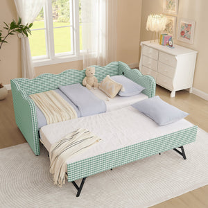 Cozy Gingham Daybed with Trundle Twin Size Sofa Bed No Box Spring Needed, with USB Port and Adorable Wave Shaped, Linen Fabric