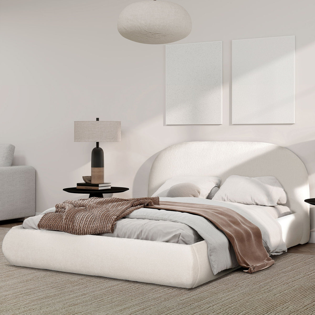 Archie Puffy Grounded Upholstered Platform Bed with Rounded Headboard - Green, White, Beige