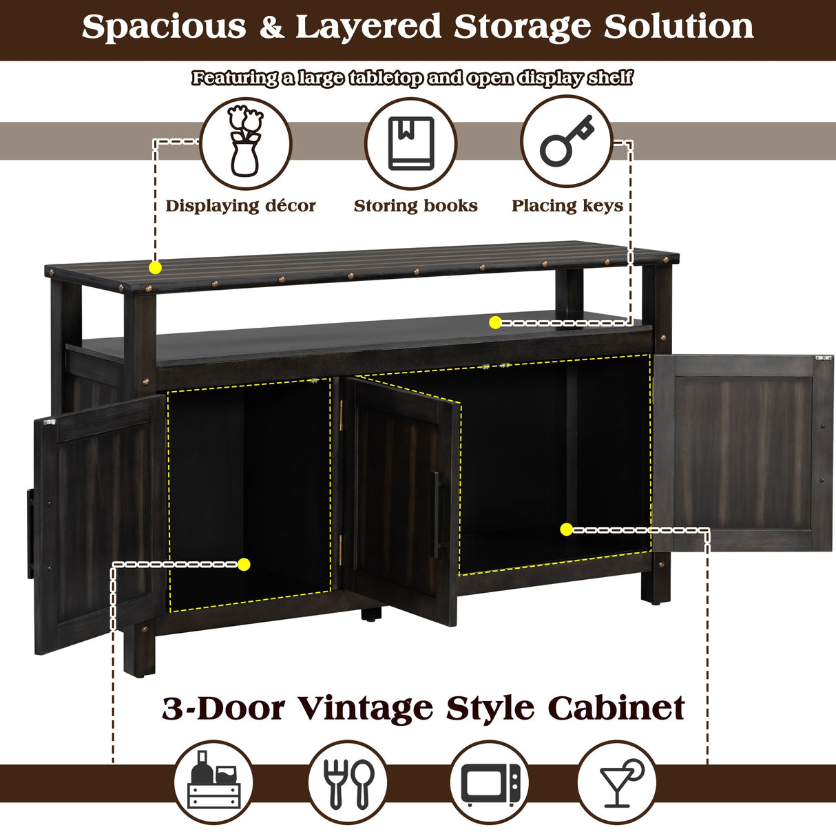 U_Styled 55.1'' Pine Wood Buffet Cabinet with 3-Door Storage
