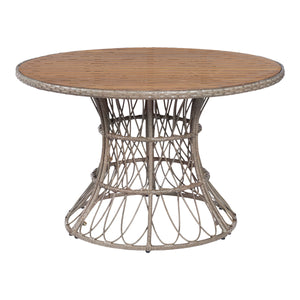 5-Piece Outdoor Dining Set: Brown Round Acacia Wood Table & 4 Brown Wicker Armchairs