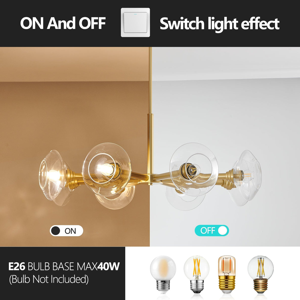 36' Modern Gold 8-Light Sputnik Chandelier with Clear Glass Shades, Mid-Century Hanging Pendant Light Fixture for Dining Room, Living Room, or Kitchen (Bulb Not Included)