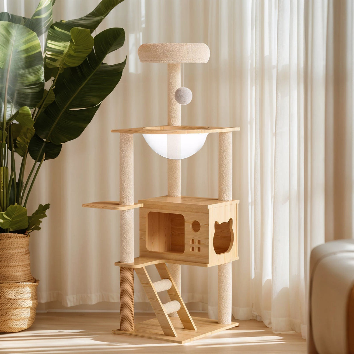 48.8' Modern Wooden Cat Tower for Indoor Cats