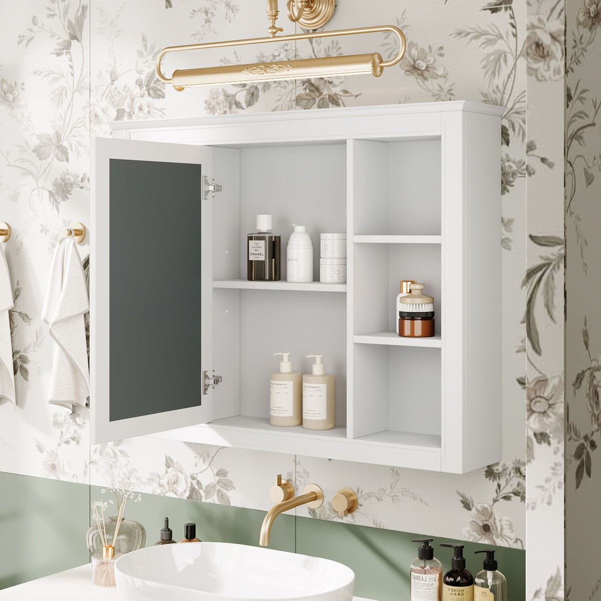 Wall Mounted Medicine Cabinet With Mirror, Storage Cabinet Featuring 6 Open Shelves And Adjustable Interior