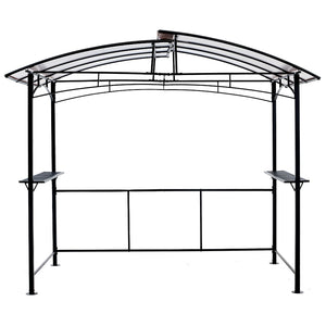 Black 8 by 5 foot grill gazebo with a steel hardtop and side shelves