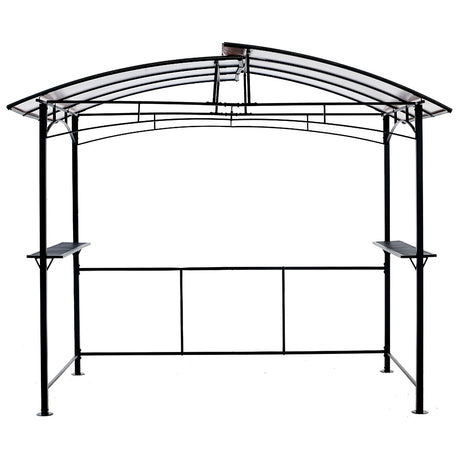 Black 8 by 5 foot grill gazebo with a steel hardtop and side shelves