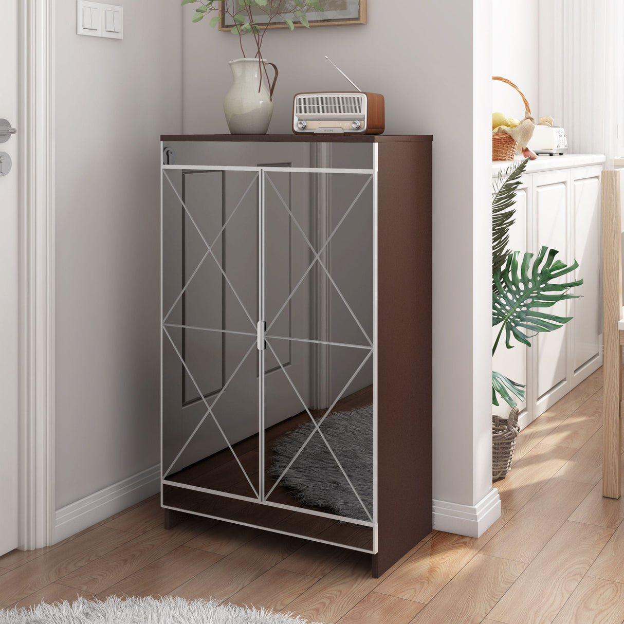 Elegant Decor Mirrored Shoe Cabinet with Edging Double Door Storage Cabinets