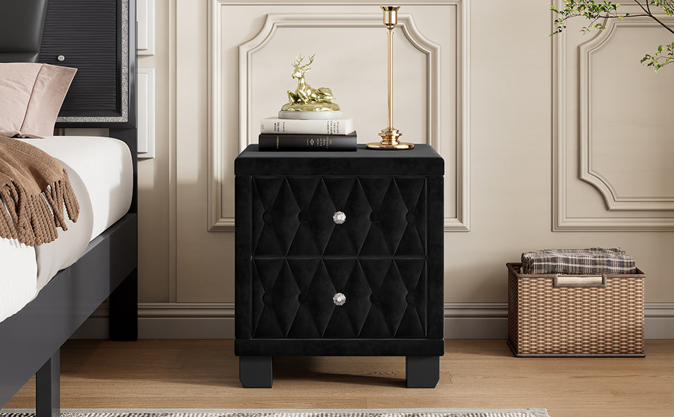 Elegant Velvet Nightstand with 2 Drawers and Crystal Handles