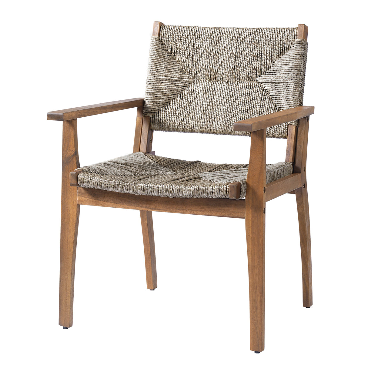 5-Piece Outdoor Dining Set: Brown Round Acacia Wood Table & 4 Brown Wicker Armchairs