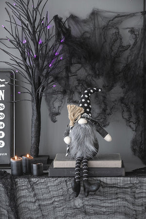 Black Halloween Gnome – 25'' Fabric Decor with Broomstick & Dangly Legs