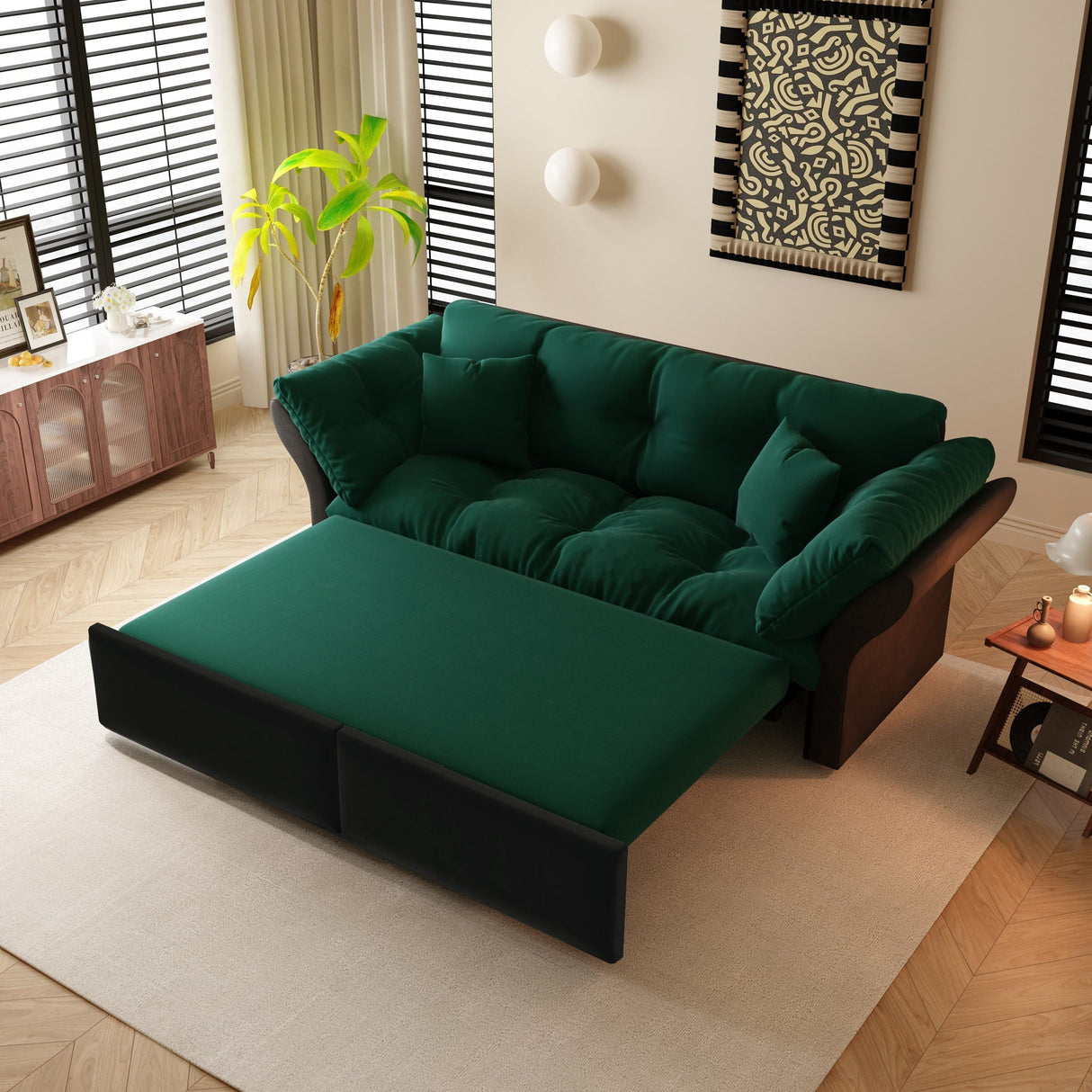 Queen Pull Out Sofa Bed, 3 In 1 Convertible Sleeper Tufted Sofa With 2 Soft Pillows