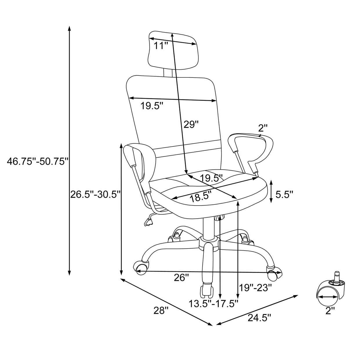 Height Adjustable Office Chair With Casters And Upholstery - Black
