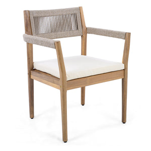 Braided Acacia Wood Outdoor Dining Chairs Set of 2 – Teak Look with Beige Rope & Cream Cushions