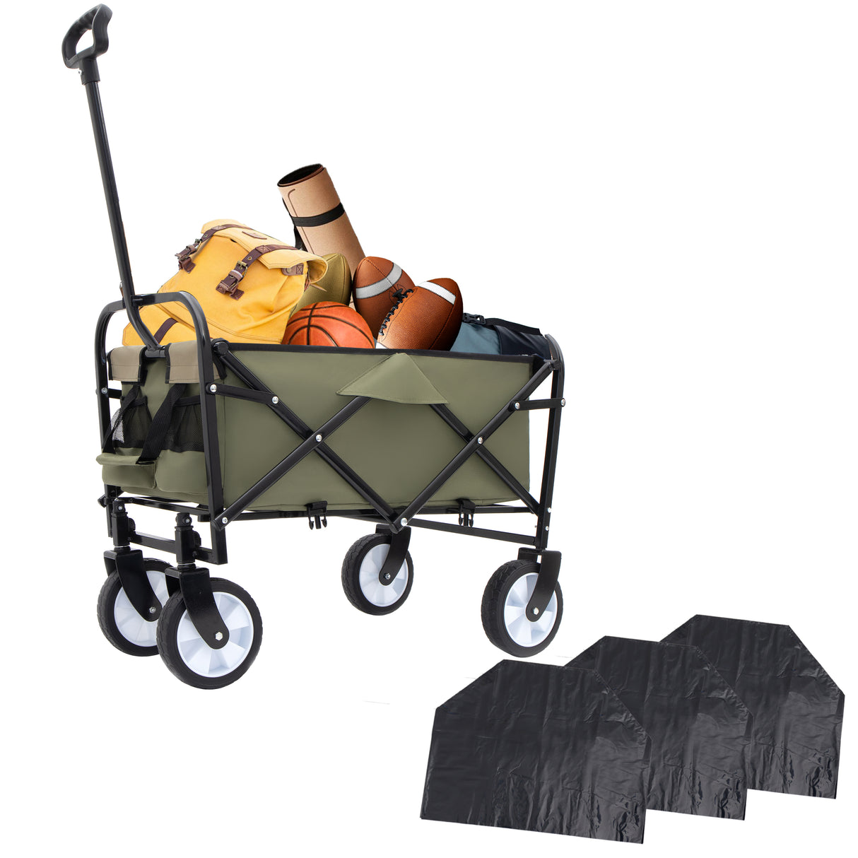 Minimeetall multi-use bag,collapsible foldable wagon cart beach wagon heavy duty utility cart utility wagon grocery cart for for camping 3pcs plastic liner bag /cover , green