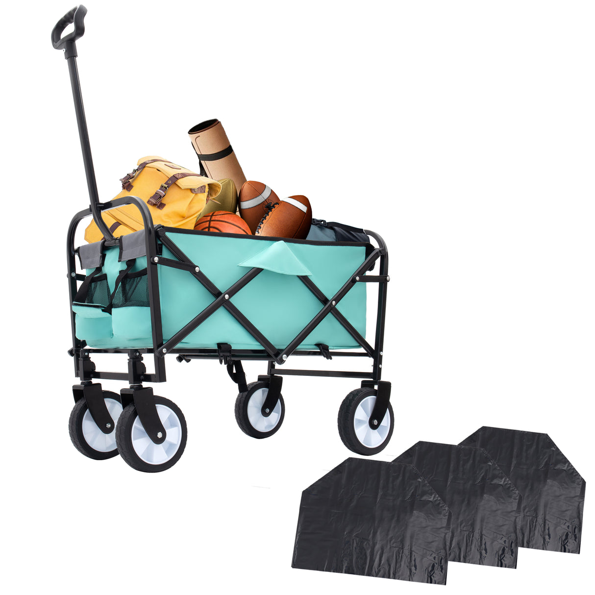Minimeetall multi-use bag,collapsible foldable wagon cart beach wagon heavy duty utility cart utility wagon grocery cart for for camping 3pcs plastic liner bag /cover , green