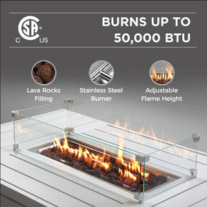 Rectangular Propane Fire Pit Table With Burner, Lava Rock, Waterproof Cover