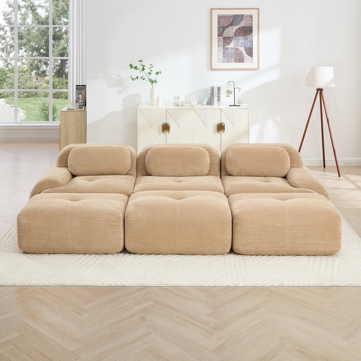 Three-Seat Modular Sofa With 3 Ottomans – Camel