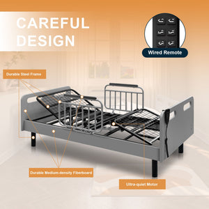 Electric Adjustable Hospital Bed For Home Use With Wired Remote Control, Memory Foam Mattress - Gray / White