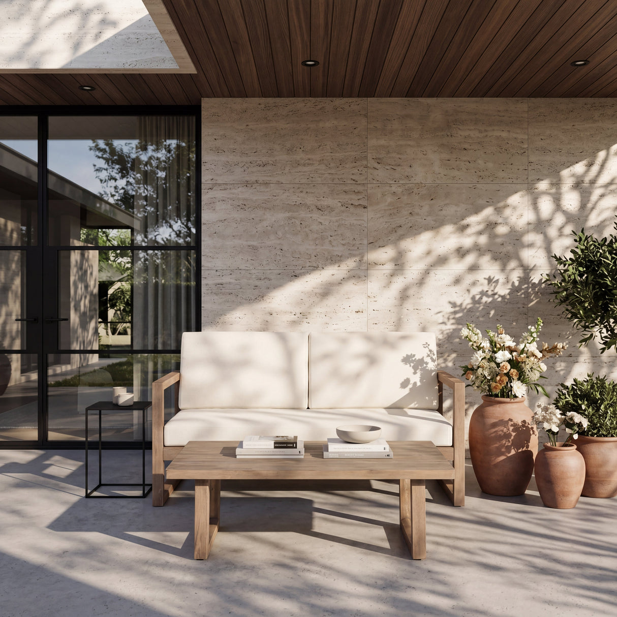 Outdoor Acacia Wood Loveseat and Coffee Table Set with Cushions