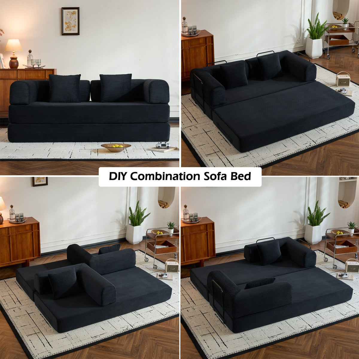 Convertible Sleeper Sofa Bed With Cylindrical Pillow, With Fixed Shape Frame