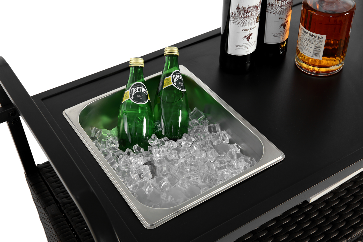 Outdoor Bar Table with Wicker Bar Cart and Steel Top