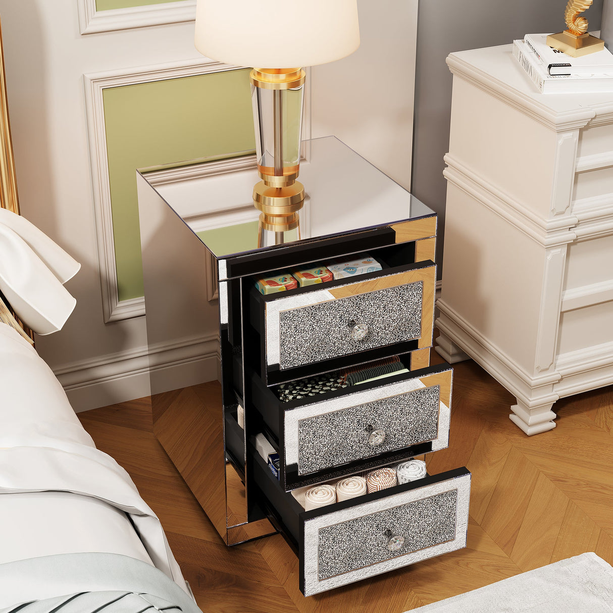 3-Drawer Mirrored Nightstand Bedside Table