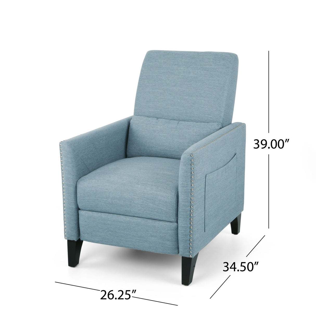 Repose Upholstered Recliner Chair with Nailhead Trim and Side Pocket - Light Blue