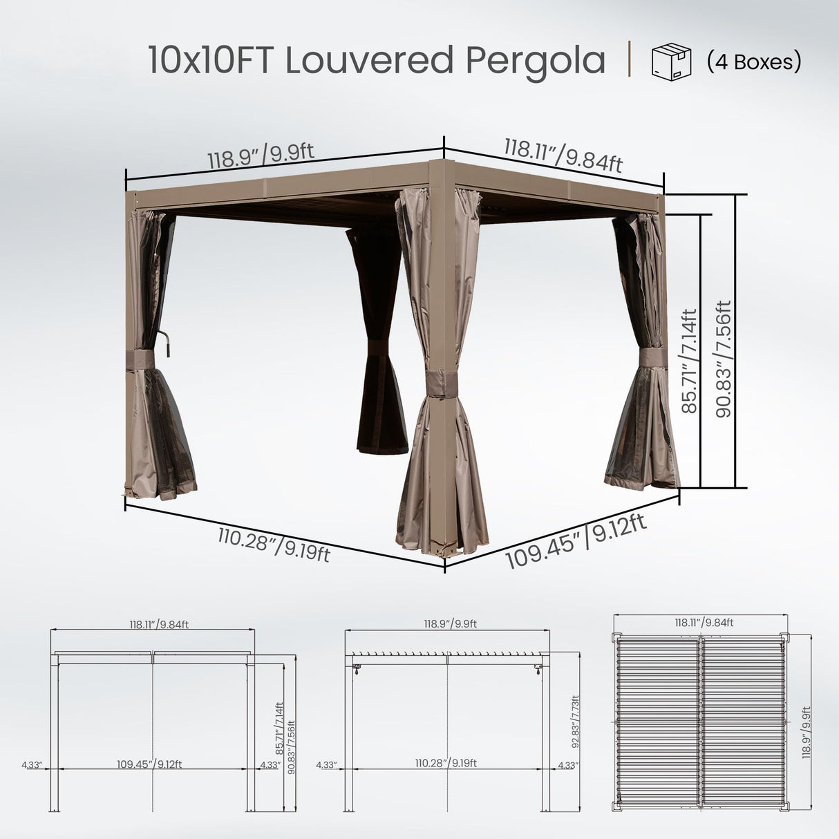 10x10 FT Outdoor Louvered Pergola with Adjustable Louvers - Brown