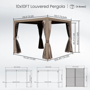 10x10 FT Outdoor Louvered Pergola with Adjustable Louvers - Brown
