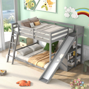Bunk Bed With Ladder, Slide, And Shelves Pine Wood