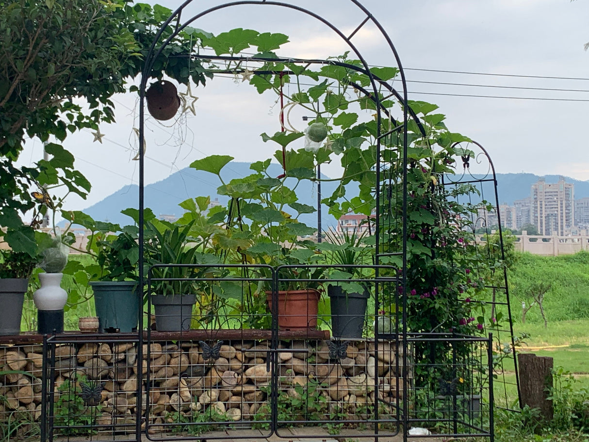 Garden Arch Arbor Trellis for Climbing Plants with Gate, Durable Metal Garden Arch Outdoor Wedding Arch, for Wedding Ceremony Party Plant Climbing Rose Vines Lawn Courtyard Patio Black, 7.15ft