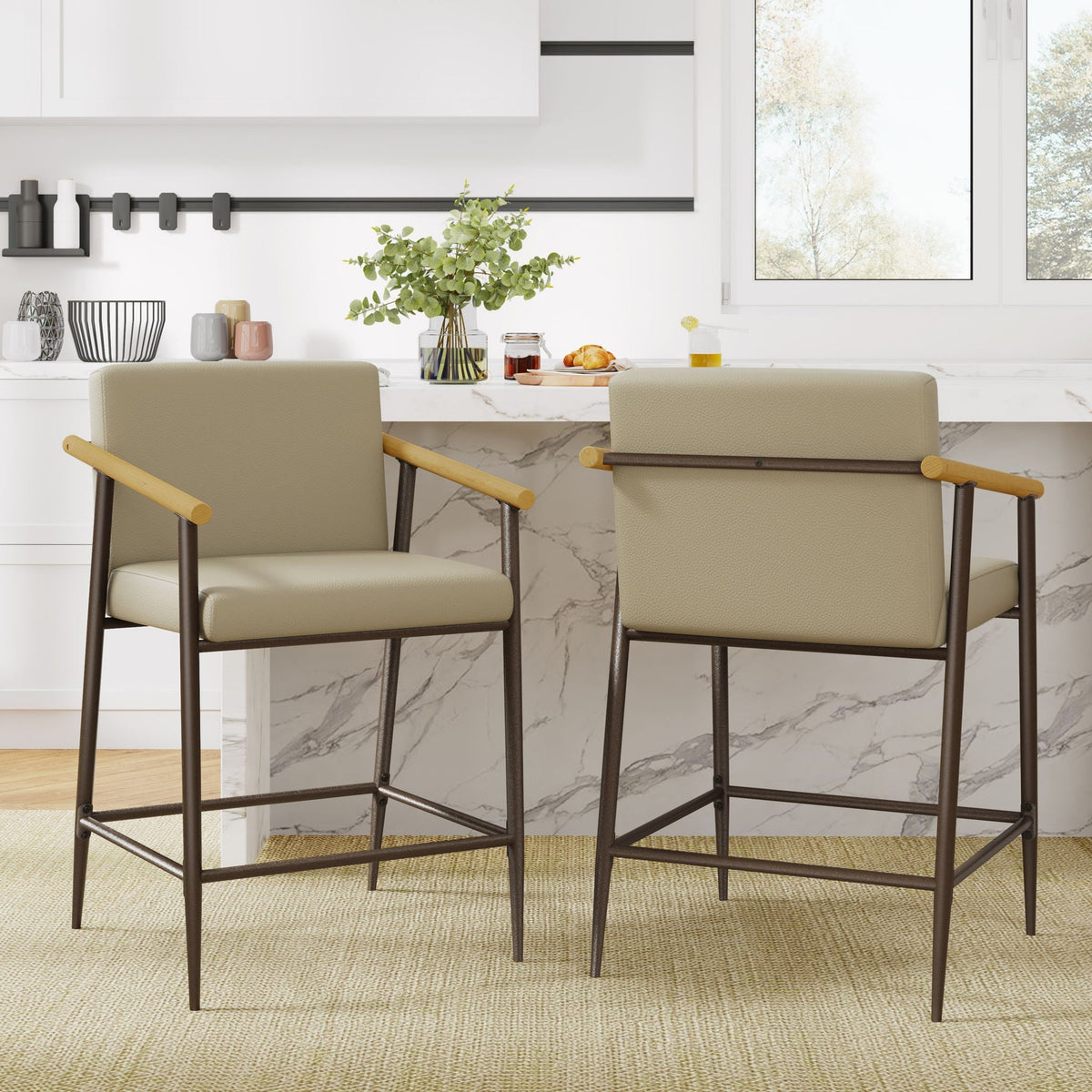 Mid Century Modern Counter Stool Set With Espresso Metal Frame - Khaki