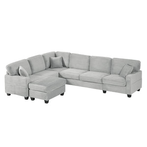 Upholstered U-Shaped Sectional Sofa With Movable Ottoman And Side Storage Pockets