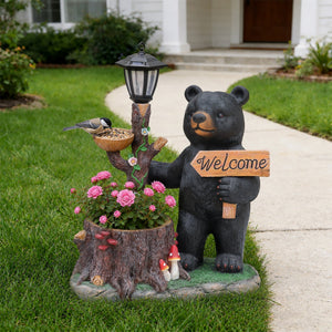 Decorative Standing Black Bear Garden Planter with Solar-Powered Lantern